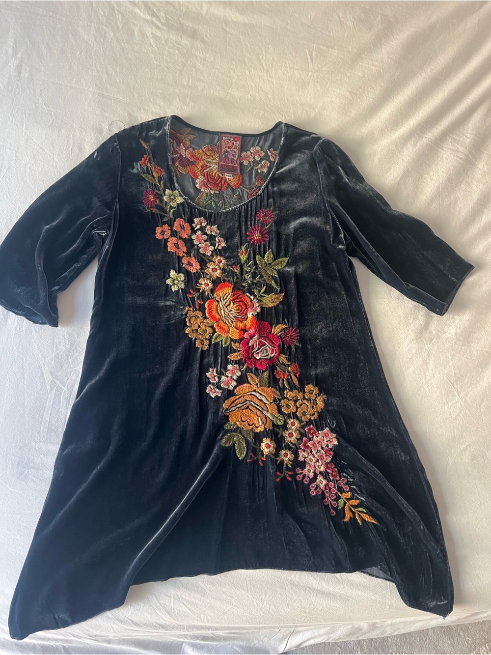 Johnny Was Blue Embroidered Floral Tunic with Red and Pink Accents
